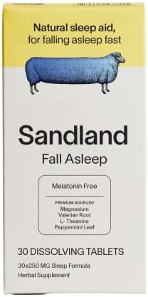 Sandland Fall Asleep, Natural Daily Sleep Supplement, 30 Dissolving Tablets, Magnesium, Valerian Root, L-Theanine, Peppermint Leaf, Made in The USA