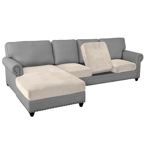 PrinceDeco Sectional Couch Covers 4 Pieces Couch Covers for Sofa Velvet Separate Couch Cover L Shape for Left/Right Chaise(3 Seater + 1 Chaise,Ivory)
