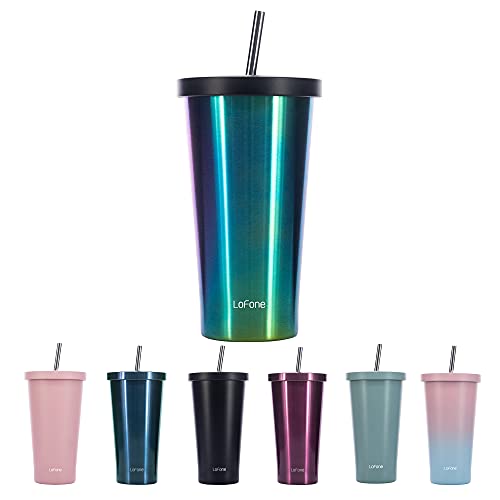 Vaso con popote de acero inoxidable de 17 onzas, 500 ml, taza térmica de viaje de doble pared, taza de café de acero…