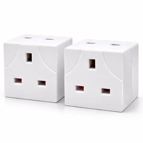 2 Way UK Plug Adapter 13A 250V Double 3 Pin Socket Extension Multi Plug Block Adapter for Home Office & Indoor Use (2 Pack)