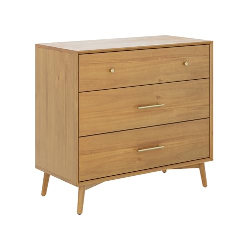 Image of Nathan James Harper Mid Century Modern Dresser, Solid Wood Dresser for Living Room with 3 Drawers and Metal Drawer Pulls, Light Acacia