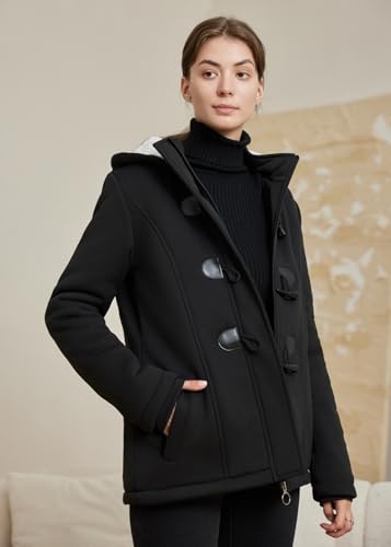 JiangWu Women's Fashion Sherpa Fleece Thickened Horn Button Hooded Jacket Winter Warm Slim Coat3