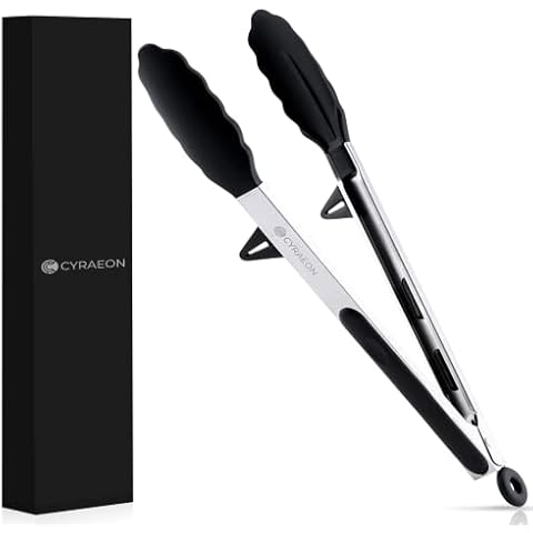 Cyraeon Kitchen Tongs 12 inch, Silicone Tongs 30cm, Non-Slip, Lock Clip & Feet to Avoid Countertop Mess. Heat Resistant, Cooking Tongs, Serving Tongs, BBQ Tongs, Stainless Steel. Dishwasher Safe Cover