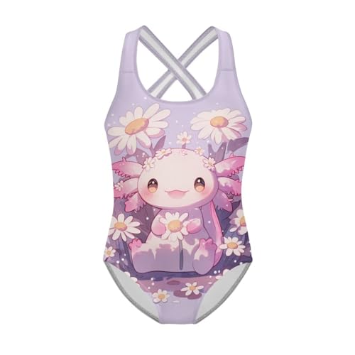 Image of Girls One Piece Swimsuit Axolotl Cross Back Straps Bathing Suit Lightweight Quick Dry Gymnastics Leotard
