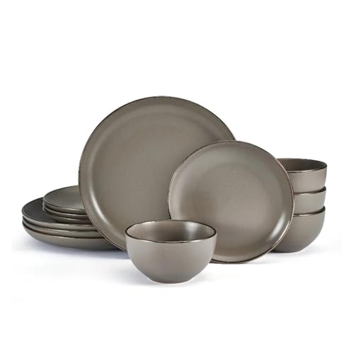12 Piece Stoneware Tableware Set with Dinner/Dessert/Soup Plate Bowl Service for 4 Person (Grey Light Grey)