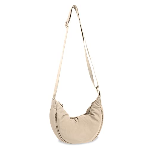 Nylon Crescent Crossbody Bag for Women Men,Small Travel Sling Bag Hobo,Lightweight Fanny Pack with Zipper Adjustable Strap,Solid Color Soft Shoulder Pouch Bag for Everyday Use Sport School(Beige)