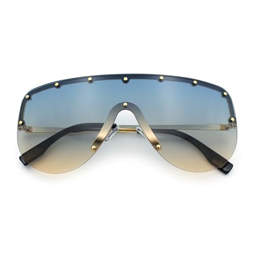 Metal Stud Flat Top Half Rim Rimless Shield Oversized Racer Sunglasses