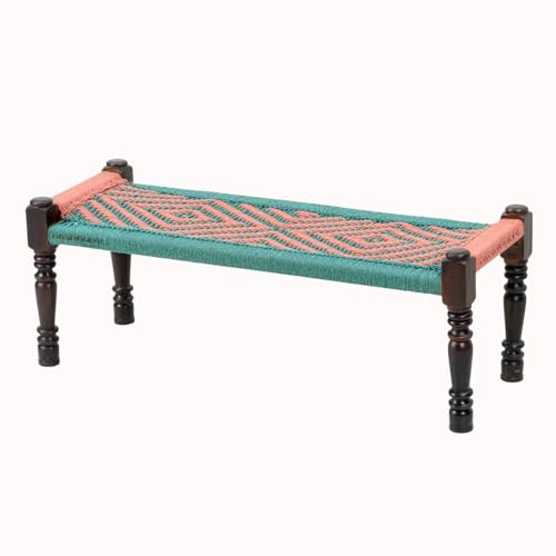 Image of Wooden Bench for Seating | Handcrafted Sheesham Wood Bench for Living Room, Balcony & Garden | Traditional Patio for Outdoor with Cotton Handwoven Rope | Green and Orange