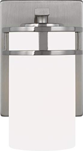 Image of Generation Lighting 4121601-962 Robie Etched /White Glass Cylinder Wall Sconce Lighting Fixture, 1-Light 75 Watt, 8 Inch H x 5 Inch W, Brushed Nickel, Steel Construction