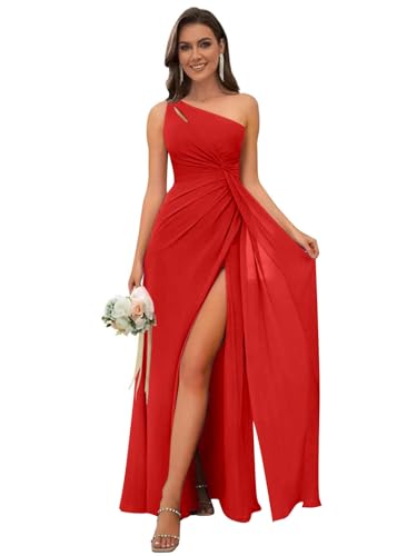 Image of OFEECHUN Women's Chiffon One Shoulder Bridesmaid Dresses Long Pleated Formal Evening Gowns with Slit