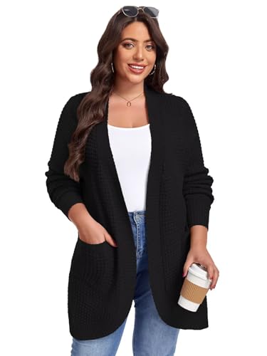 Image of LARACE Long Cardigans for Women Plus Size Tops Open Front Sweaters with Pockets Waffle Ribbed Sleeve Loose Fall Outwear