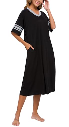 Womens Nightgown V Neck Knit Long Sleepwear Short Sleeve Soft Loungewear with Pockets S-XXL3