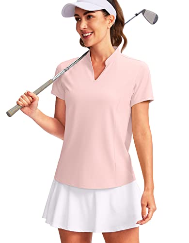 Obla Women's Golf Polo Shirt V-Neck Short Sleeve Collarless Dry Fit Tennis Running T Shirt Golf Tops For Women(Dusty Pink_S) #TOP18