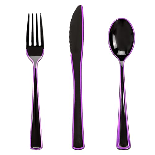 WDF 180 Pieces Black and Purple Halloween Plastic Silverware - Newly Designed Black Flatware 60 Forks, 60 Knives and 60 Spoons Heavy Duty Black Plastic Cutlery Purple Utensils for Party/Halloween