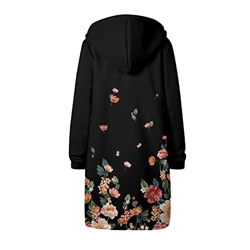 Generisch Abrigo informal para mujer con estampado floral como abrigo de invierno informal con cremallera y detalle de empalme cálido, Negro , XXL