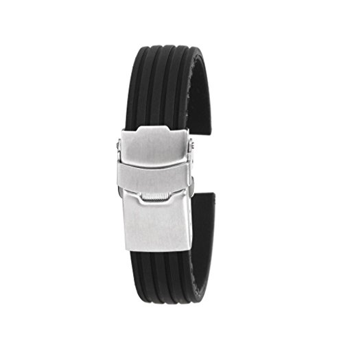 Hangqiao Bracelet de Montre en Caoutchouc Silicone Etanche à Boucle Déployante 16mm - Noir