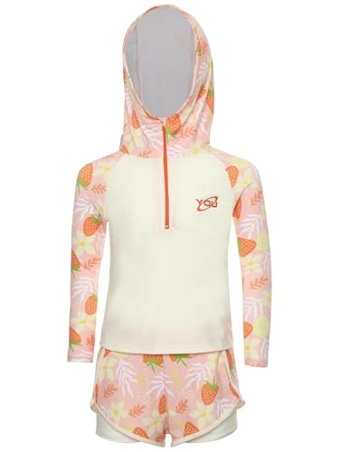 Yihuimin Kids Girls 2Pcs Cute Print Hooded Long Sleeve Swim Tops with Double Layers Shorts Rash Guard Swimsuit Orange 10-12 Years