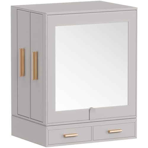 Lifewit Joyeros Mujer Organizador con Espejo, Giratorio 360°Almacenaje Pendientes de Accesorios Senhora Niña, Caja Joias con 6 Cajones para Pendientes Collares Anillos Relojes, Regalos Mujer, Gris