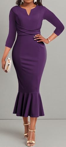 Image of Elegant Dress for Women Sexy V Neck Long Sleeve Bodycon Midi Fishtail Dresses