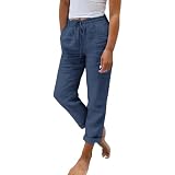 Pantalones Mujer Verano Lino Largos Tiro Alto Rectos Elastica Pantalón Frescos Casual Fiesta Pantalones Anchos Holgado Fluido Ligero Deporte Vestir Pantalon con Bolsillos Playa Primavera