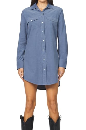 DEAR JOHN Rory Dress Midi Length Relaxed Fit Long Sleeve Button Front Corduroy Collared