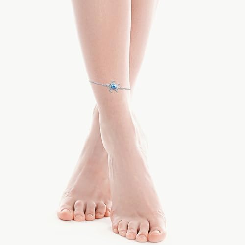 Blue Opal Sea Turtle Ankle Sterling Silver Anklet Fine Jewelry for Women Gifts 4 Level Adjustable Anklet (Large Bracelet)4