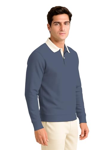 Image of BULLMER Solid Polo Neck Full Sleeve Cotton Blend Tshirt with Rib for Men | Stylish Full Hand Tshirt for Men