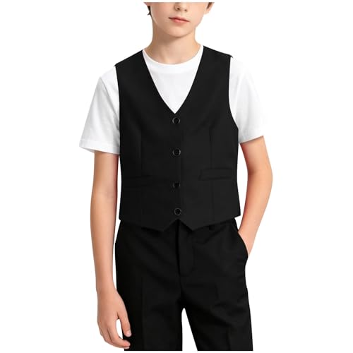 Boy's 4 Button Formal Suit Vest Solid Color V Neck Dress Waistcoat for Kids Stylish Sleeveless Shirts with Pockets Black