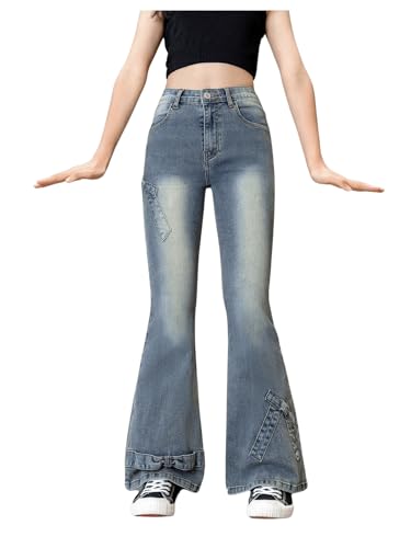 Floerns Girl's Bowknot High Waisted Bell Bottom Jeans Flare Leg Y2k Denim Pants