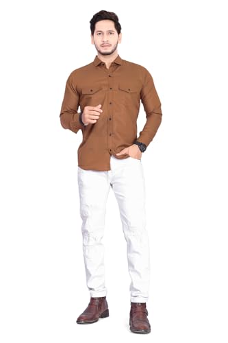 Image of Men's Cotton Spread Collar Full Sleeve Regular Fit Solid Casual Shirt with Double Pockets - Stylish Comfortable Shirt for Everyday Wear
