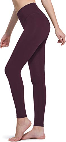 TSLA High Waist Yoga Pants with Pockets, Tummy Control Yoga Leggings, Non See-Through Workout Running Tights, Basic Dark Plum, Small