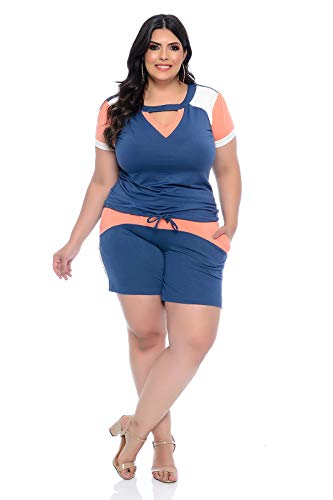 Conjunto Plus Size Azul e Salmão Decote V Delicado-50