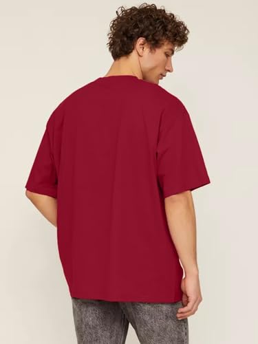 Image of LEOTUDE Men's Oversized Baggy Fit Drop Shoulder Half Sleeves Round Neck Printed Cottonblend T-Shirt for Men (Color: Maroon)