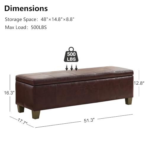 Image of 51 Inch Storage Ottoman, Storage Bench with Safety Hinge, Upholstered Synthetic Leather Ottoman Bench for Bedroom, Living Room, Entryway, Hallway, Foot Rest, Support 500lbs