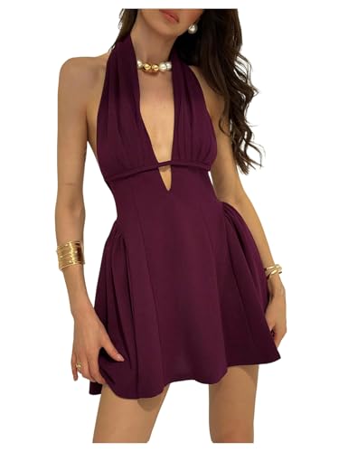 MakeMeChic Women's Halter Mini Dress Backless Sleeveless Deep V Neck A Line Party Formal Dresses