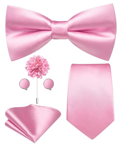 Image of Hi-Tie 5Pcs Mens Solid Color Silk Tie Satin Pretied Bowtie Lapel Pin for Men Handkerchief Cufflink Wedding Gift Box