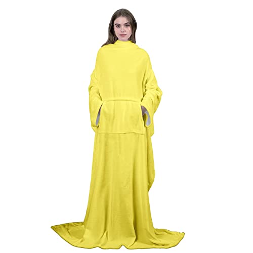 Loussiesd Coperta in pile con maniche per donne, uomini, adulti, bambini, gialla, comoda, indossabile, calda, morbida, con braccio, coperta in peluche, regalo per donne, mamma, moglie, 127 x 178 cm
