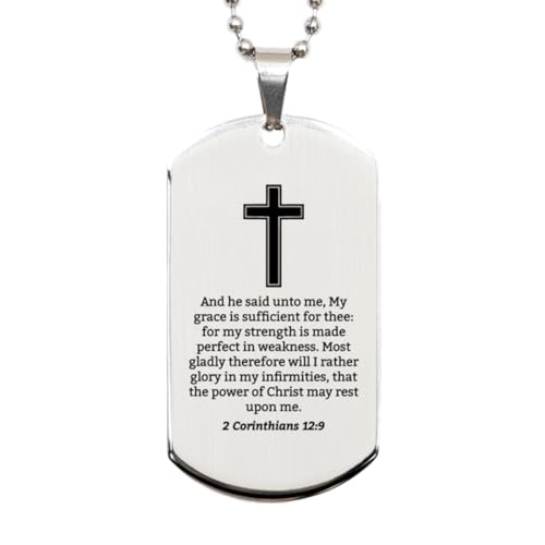 2 Corinthians 12 9 Necklace - 2 Corinthians 12:9 Bible Verse Dog Tag Necklace for Men - Christian Bible Gifts for Women Scripture with Cross Inspirational Gifts Him Her