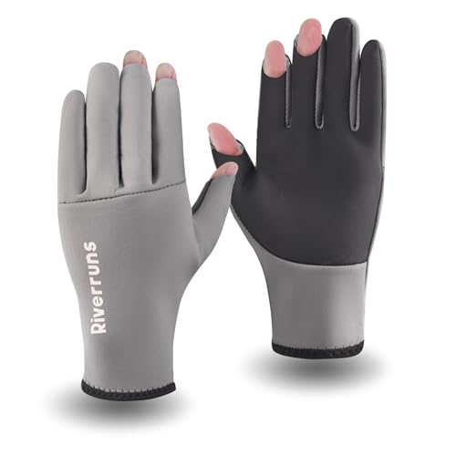 Riverruns Neoprene Fishing Gloves, 3-Cut Fingers Winter Gloves for Men, Cold Weather Gloves for Ice Fishing, Fly Fishing, Photography, Hunting, Grey, L