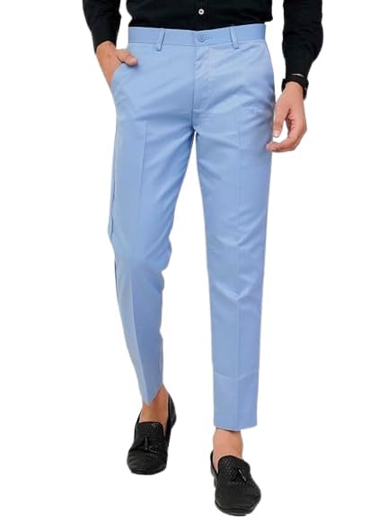 Men's Light Blue Cotton Casual Trousers, Regular Fit Formal Pants, Business Wear-picture-17