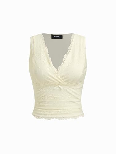 Image of CIDER Lace Crop Tank Tops for Women Going Out V Neck Sleeveless Ruched Tops Trendy Y2K Summer Outfits