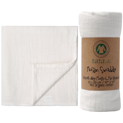 TATA AMG 100% Organic Muslin Cotton Baby Swaddle Blanket Soft & Breathable Receiving Blanket for Newborns Girls & Boys Large 47x47 | Multipurpose Baby Essentials | Pre-Washed & Gentle on Skin