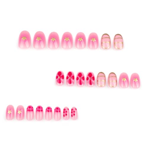Image of Floral Press on Nails Hot Pink Fake Nails Spring Summer Nail Glossy Glue on Nails Reusable Artificial Acrylic Full Cover Star Stick on Nails Short Oval False Nails for Women Girls Manicure 24Pcs