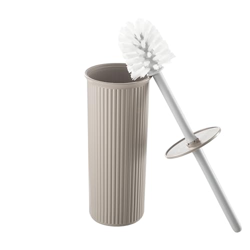 Image of Superio Ribbed Collection - Decorative Plastic Toilet Bowl Brush and Holder Set, Taupe (2 Pack) Cleaner Scrubber for Bathroom
