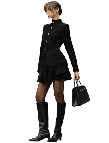 Costume 2 Pièces Jupe Plissée Veste Col Montant Banquet Femme