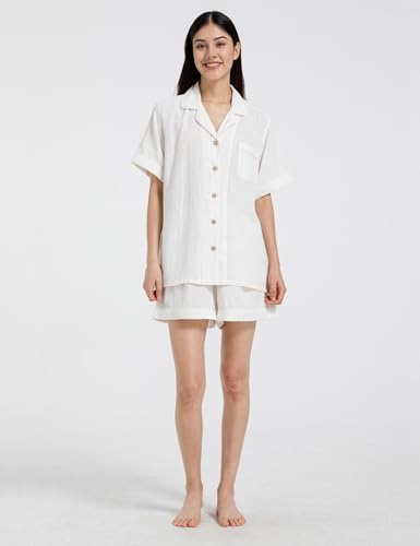 Image of Womens Muslin Pajama Sets 100% Cotton Double Gauze Linen Like Short | Breathable Soft Comfort Button Up Loungewear Sleepwear PJ Set