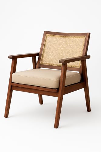 Image of Solid Wood Cane Lounge Chair | Handcrafted Wooden Armchair with Cushioned Seat | Premium Mid-Century Modern Accent Chair for Living Room, Balcony & Bedroom Honey Finish
