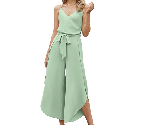 Theenkoln Jumpsuit Damen Sommer Lang: Sexy Cocktail Elegant Mode Gürtel Overall Hochzeit Hawaii Urlaub Strand V-Ausschnitt Hosenanzug Business Baggy Festlich Rüschen Spaghettiträger Outfit Hellgrün M