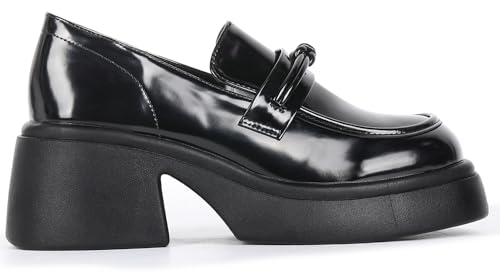Image of Platform Oxfords Shoes for Women,Chunky Heel Work Shoes Comfort Black Loafers Shoes,shine black 7.5, Grey