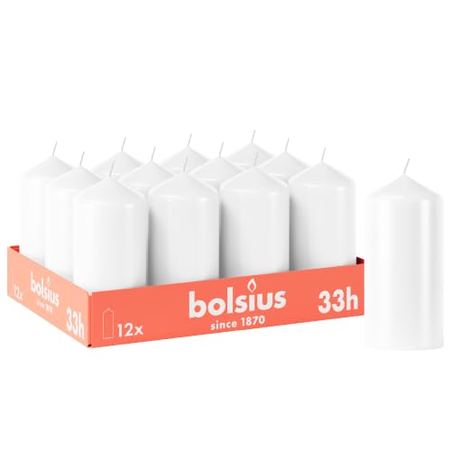 Bolsius Candele a pilastro lisce - Colore bianco - 12 pezzi - 12 x 6 cm - Durata 33 ore - Non profumate - Contiene cera vegetale naturale - Senza olio di palma